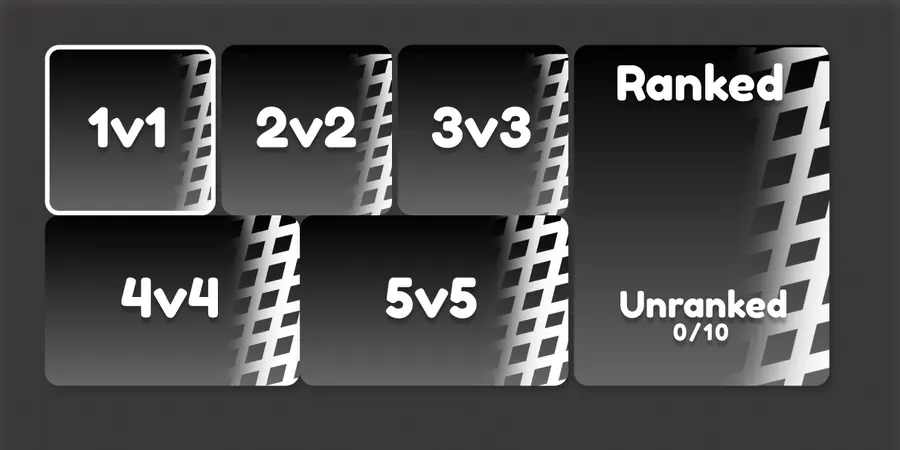 Game mode select grid with 1v1, 2v2, 3v3, 4v4, 5v5 cards and a larger Ranked/Unranked toggle card with player count
