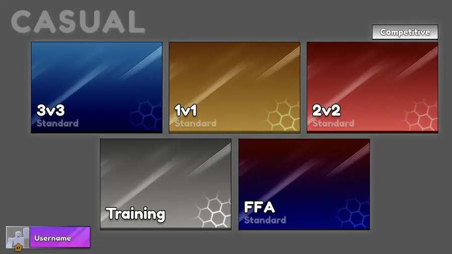 Matchmaking panel with a Casual header, mode cards for 3v3, 1v1, 2v2, Training, and FFA, plus a username banner