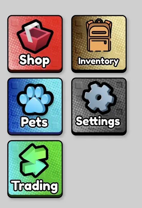 Icon set with rounded square buttons for Shop, Inventory, Pets, Settings, and Trading, each with a cartoon icon and colored gradient background