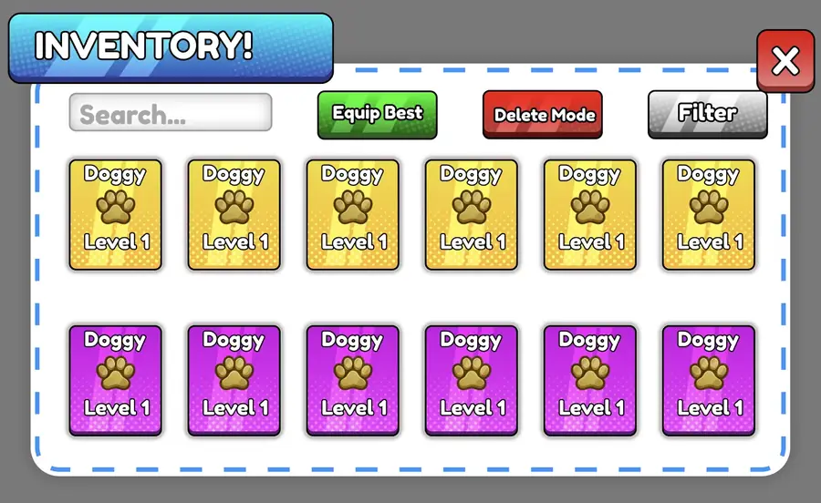 Pet inventory panel with search bar, Equip Best / Delete Mode / Filter buttons, and a grid of pet cards in gold and purple rarity colors