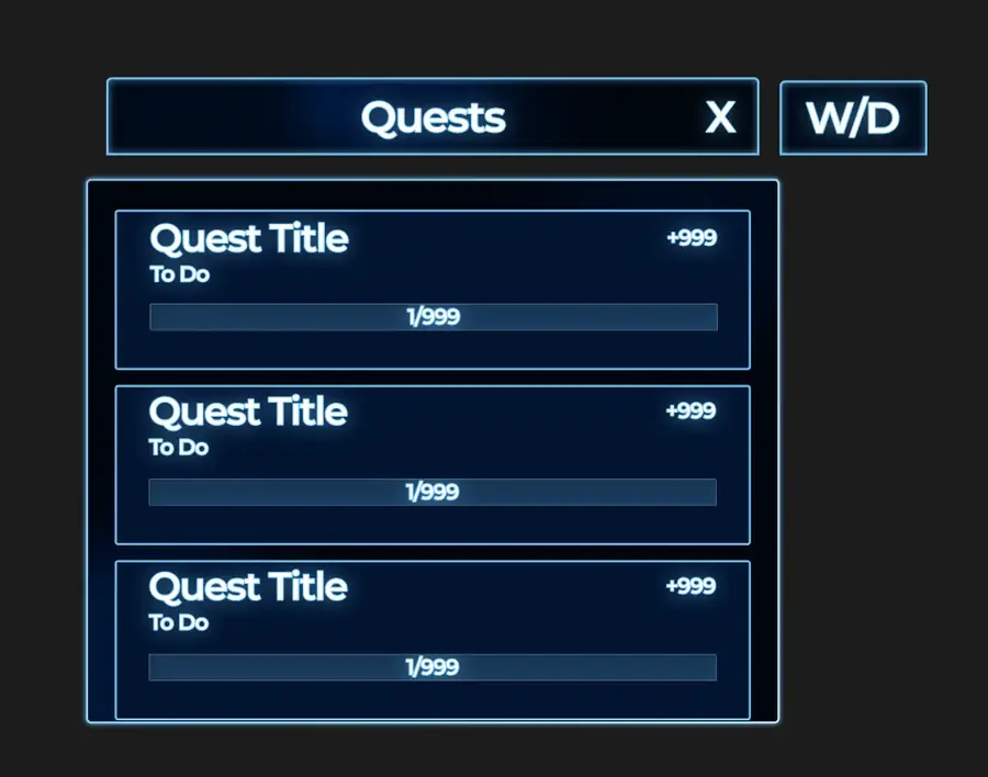 Quests panel with glowing neon header and stacked quest cards showing title, reward, and progress bar