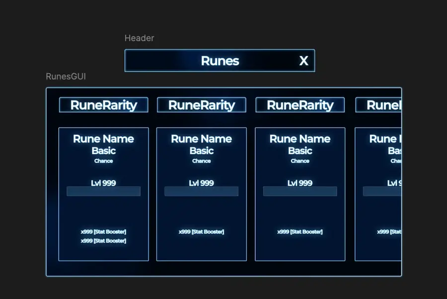 Runes panel with a glowing cyan neon-outlined header and a row of rune cards showing rarity, level, and stat boosters