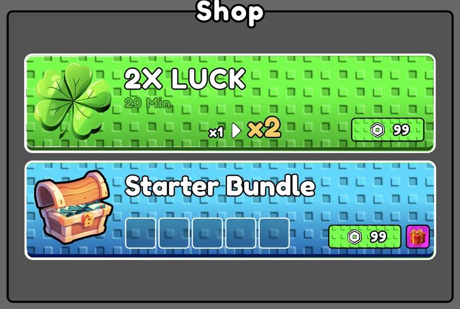 Shop panel with a 2X Luck boost offer and a Starter Bundle offer, cartoon icons on a halftone-textured background